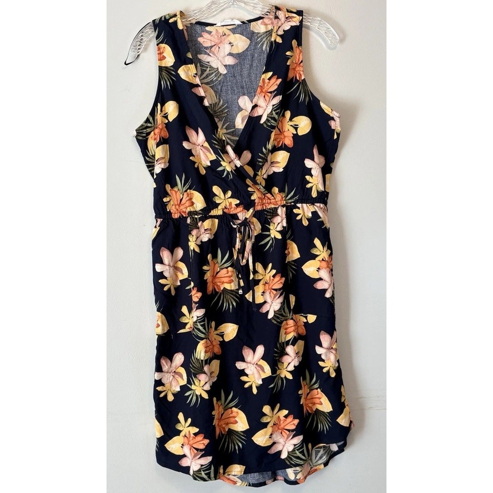 Time and Tru Floral dress V-Neck Sleeveless Drawstring Navy Multi S Viscose